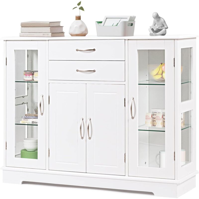 foto del prodotto costway armadio da cucina, armadietto credenza con ante in vetro, tavolo di legno per stoviglie, armadietto con 2 cassetti, credenza per cucina e