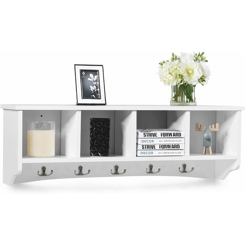foto del prodotto costway armadio da ingresso montato al muro, appendiabiti appeso con 4 scompartimenti e 5 ganci doppi, ideale per salone e cucina, 72 x 15,5 x 23