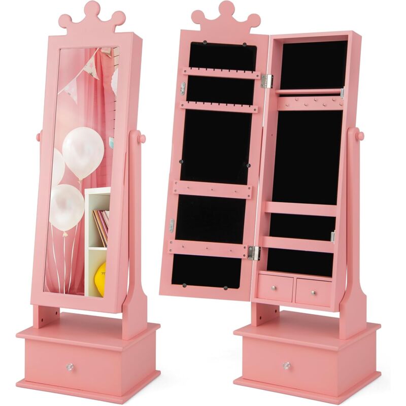 foto del prodotto costway armadio gioielli per bambini con specchio, armadietto portagioie da terra per bambini con 3 cassetti, per bambini 3 anni, ideale per
