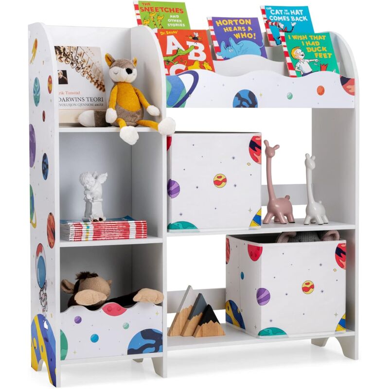 foto del prodotto costway armadio per bambini, scaffale di legno con 3 livelli e 5 scompartimenti, 2 cassetti in tessuto e 3 spazi per giocattoli e libri, scaffale