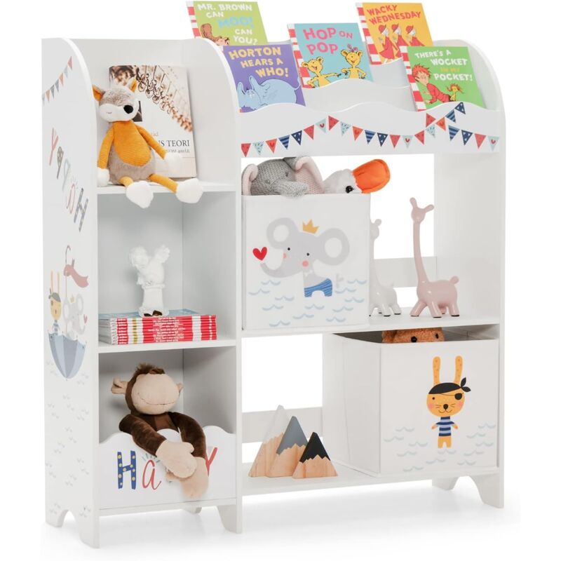 foto del prodotto costway armadio per bambini, scaffale di legno con 3 livelli e 5 scompartimenti, 2 cassetti in tessuto e 3 spazi per giocattoli e libri, scaffale