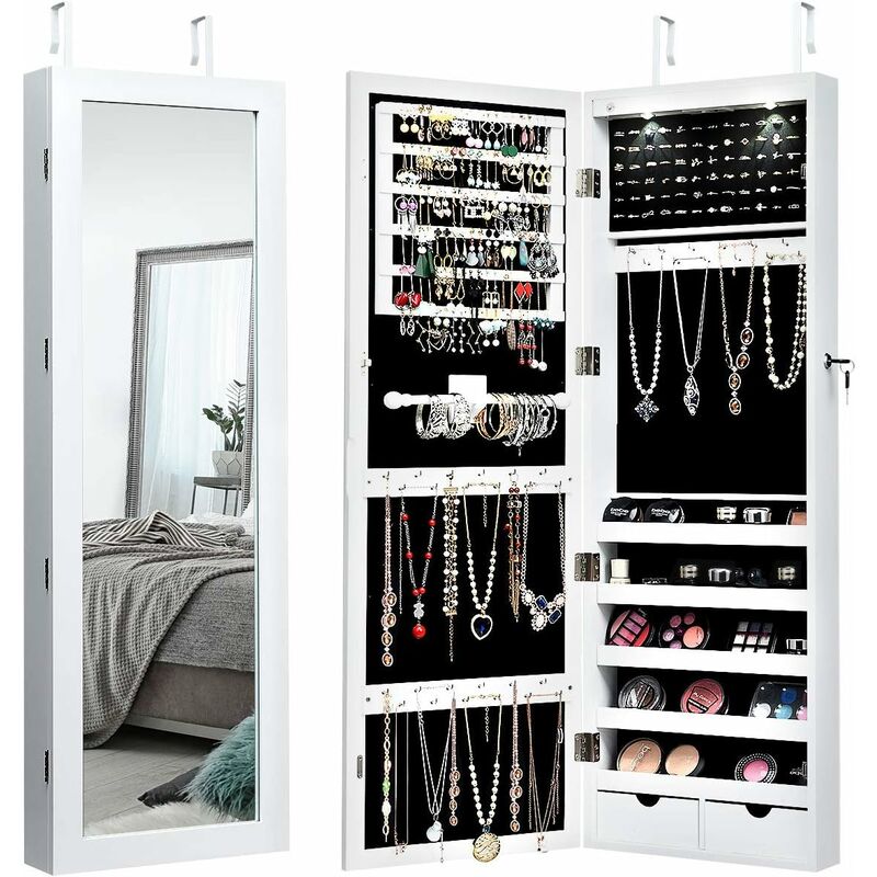 foto del prodotto costway armadio per gioielli con 2 luci led, con specchio a figura, organizer montato al muro con ganci regolabili per appendere, armadio