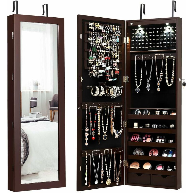 foto del prodotto costway armadio per gioielli con 2 luci led, con specchio a figura, organizer montato al muro con ganci regolabili per appendere, armadio