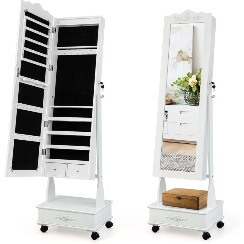 foto del prodotto costway armadio per gioielli da terra con led, serratura, 4 ruote e specchio a figura intera, angolo regolabile in 3 posizioni, per soggiorno, camera