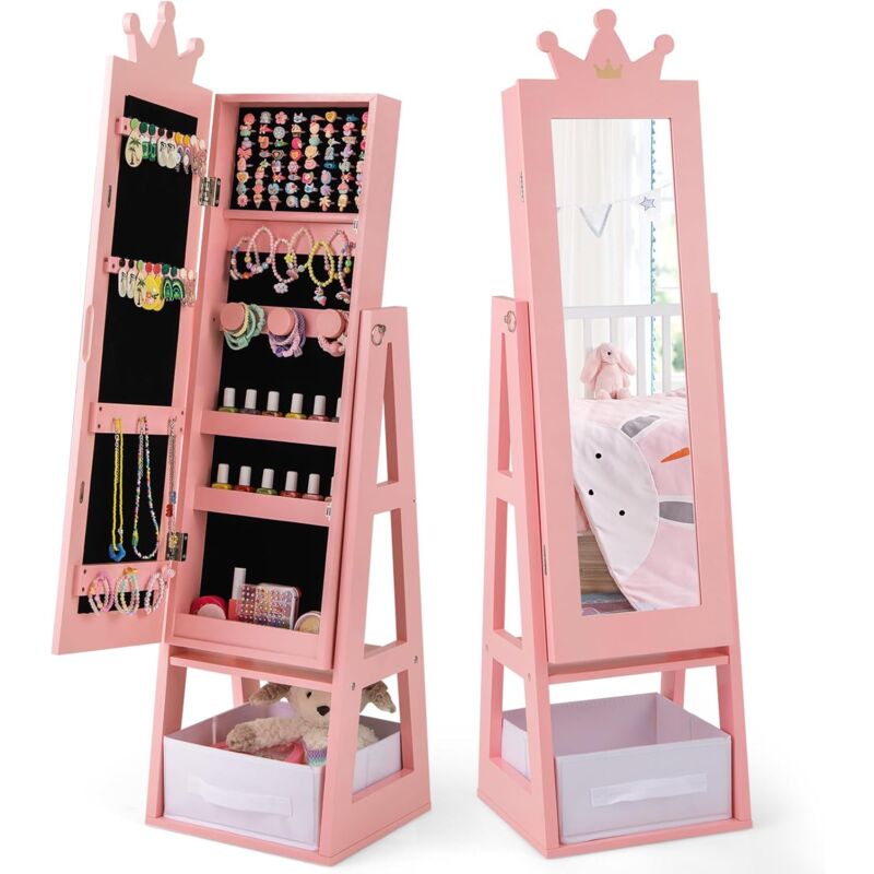 foto del prodotto costway armadio portagioie 3 in 1 per bambini 31,5 x 30 x 115cm, specchio a forma di corona con ganci, ripiano e cassetto in tessuto, toeletta per
