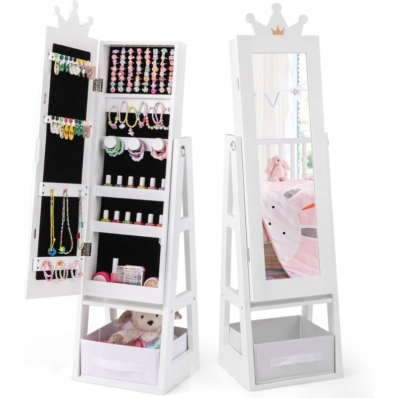 foto del prodotto costway armadio portagioie 3 in 1 per bambini 31,5 x 30 x 115cm, specchio a forma di corona con ganci, ripiano e cassetto in tessuto, toeletta per