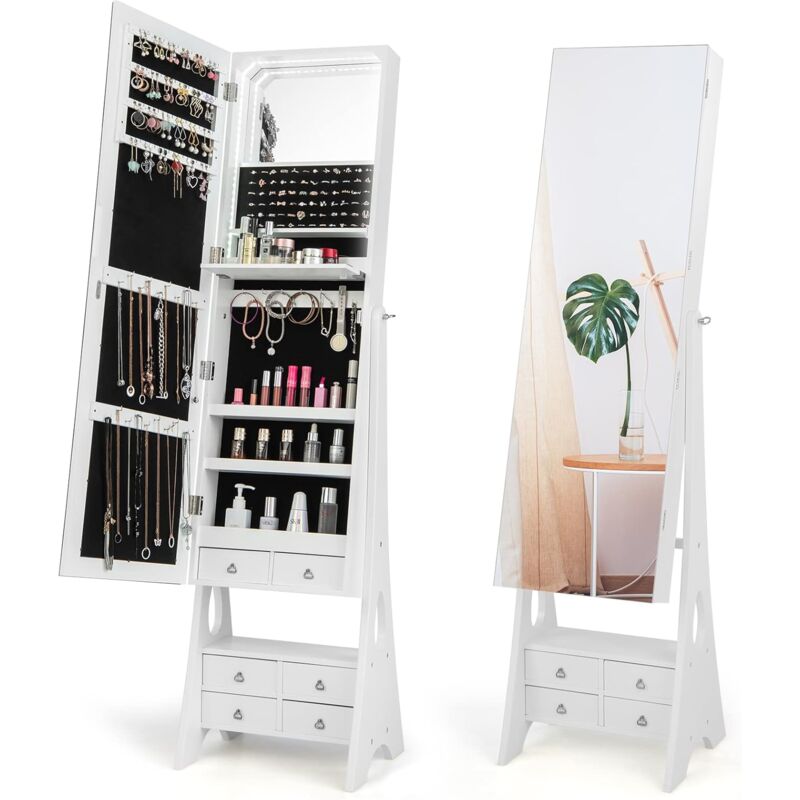 foto del prodotto costway armadio portagioie con specchio a figura intera, armadietto per gioielli da terra con specchio interno, luci led, mensola per trucco
