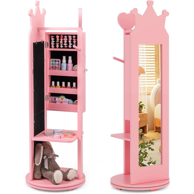 foto del prodotto costway armadio portagioie per bambini 36 x 36 x 112cm, specchio da terra a forma di corona con ganci, ripiani e base girevole, toeletta per