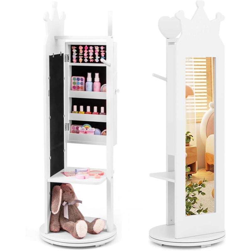 foto del prodotto costway armadio portagioie per bambini 36 x 36 x 112cm, specchio da terra a forma di corona con ganci, ripiani e base girevole, toeletta per