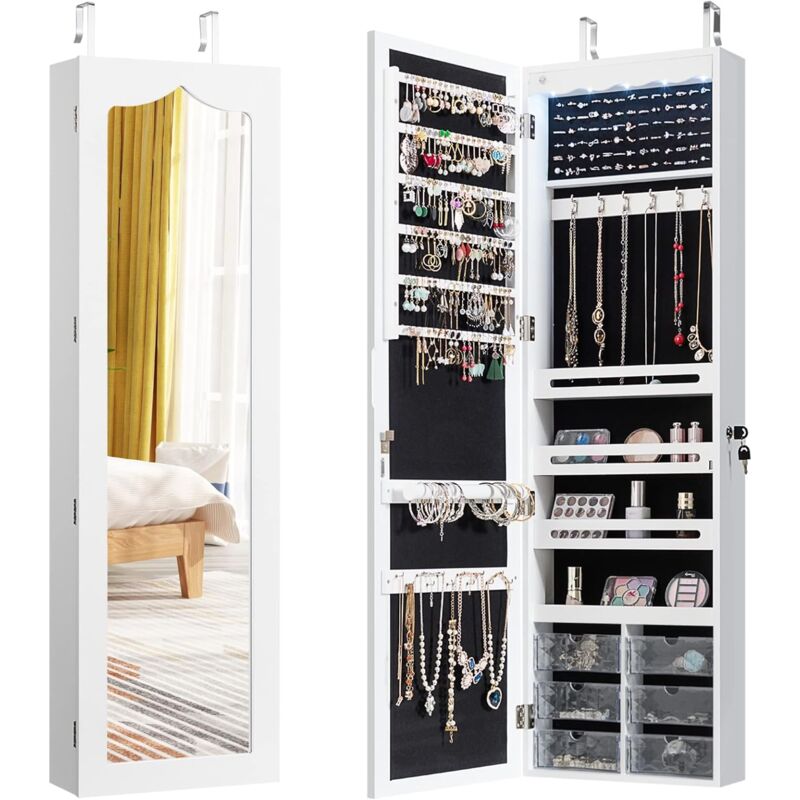 foto del prodotto costway armadio portagioielli con luci led, armadio portagioielli montato a muro con specchio e 6 cassetti, organizer gioielli con tanto spazio,