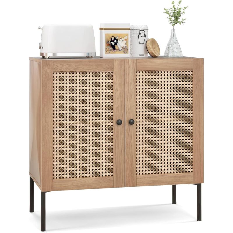 foto del prodotto costway armoire de cuisine 2 tag res, buffet 2 portes cannage, tag re r glable, pieds en m tal, meuble de rangement boh me pour salle manger,