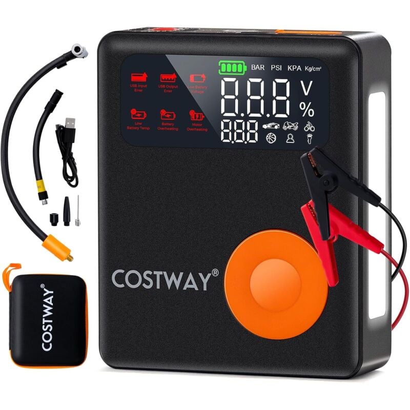 foto del prodotto costway avviatore di emergenza con compressore aria, 2000a avviatore di batteria per auto 12v con gonfiatore digitale da 150 psi, 13000 mah,