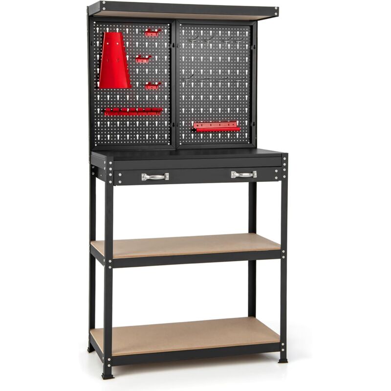 foto del prodotto costway banco da lavoro con pannello forato, banco da lavoro con scaffali e cassetti per utensili, 14 accessori appesi, telaio in metallo, per