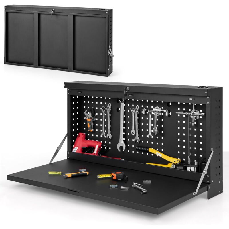 foto del prodotto costway banco da lavoro pieghevole a parete, organizzatore 2 in1 con pannello portautensili e piano spazioso, tavolo da lavoro appeso per garage,