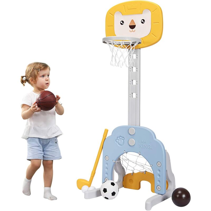 foto del prodotto costway basket per bambini centro attivita multifunzione palla canestro, calcio e golf, mazza da golf e palle incluese, per bambini, altezza