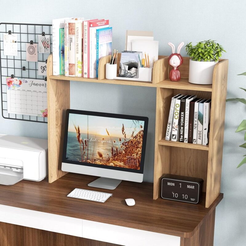 foto del prodotto costway biblioth que, tagere poser sur meuble avec 5 compartiments pour cran 27 , biblioth que sur bureau avec 2 kits anti basculement, 94 x 25