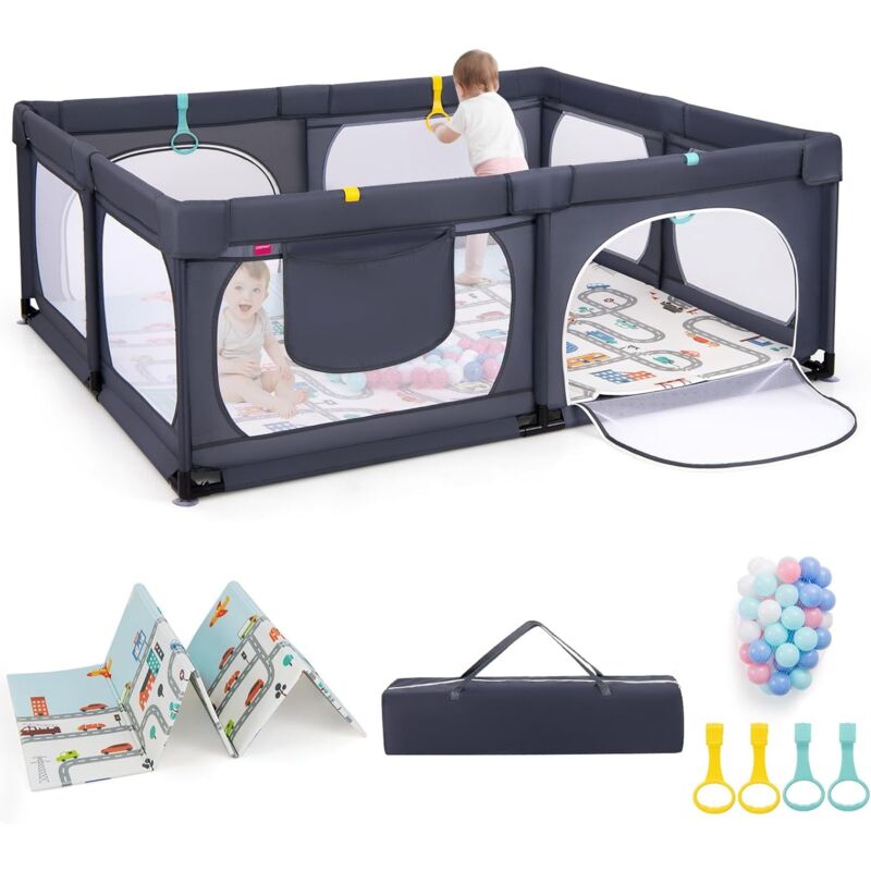foto del prodotto costway box per bambini con materassino, recinto per bambini 189 x 158 cm con 4 anelli e 50 palline colorate, rete traspirante, tasca e borsa, box