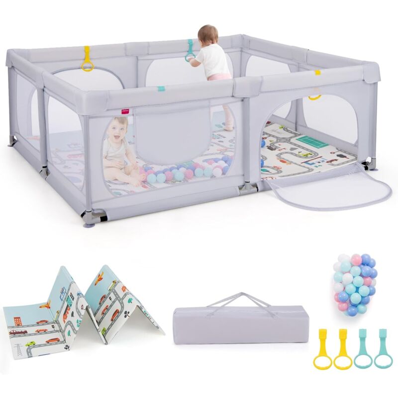foto del prodotto costway box per bambini con materassino, recinto per bambini 189 x 158 cm con 4 anelli e 50 palline colorate, rete traspirante, tasca e borsa, box