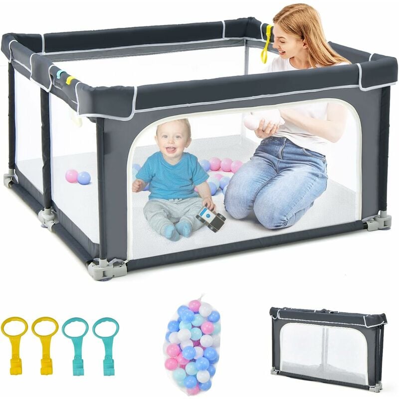 foto del prodotto costway box per bambini pieghevole con 50 palline e 4 impugnature, 124x124x70 cm, recinto per bambini con dispositivi di blocco, pareti in rete
