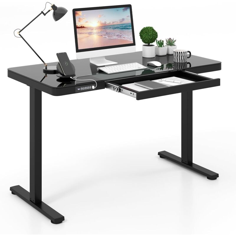 foto del prodotto costway bureau assis debout electrique 120 x 60 cm avec tiroir, bureau lectrique r glable en hauteur, plateau en verre tremp inscriptible, 2