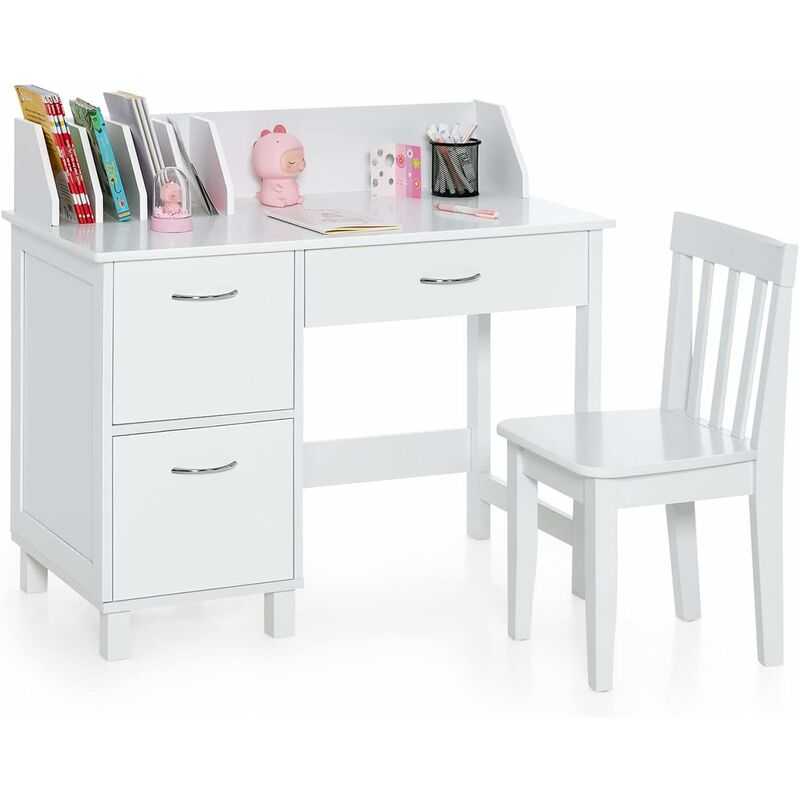 foto del prodotto costway bureau enfants avec chaise ergonomique niches, table d tude en bois avec 2 placards tiroir, dispositif anti basculement, table