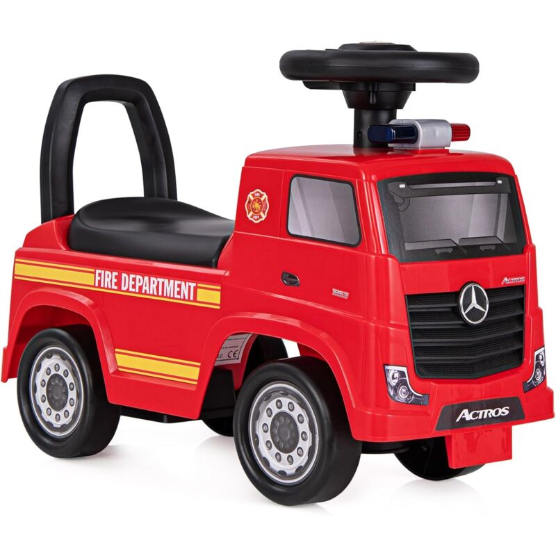 foto del prodotto costway camion dei pompieri per bambini, macchinina cavalcabile con musica e clacson, con spazio di stoccaggio nascosto e volante, regalo per