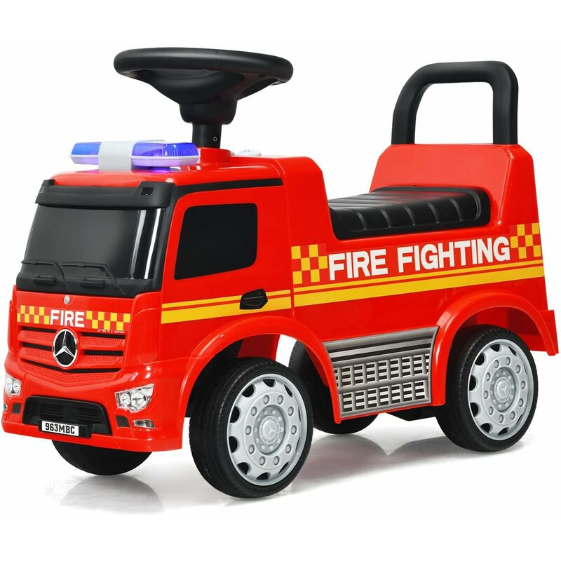foto del prodotto costway camion dei pompieri per bambini, macchinina cavalcabile per bambini, con volante, schienale, macchina cavalcabile con piedi a terra, regalo