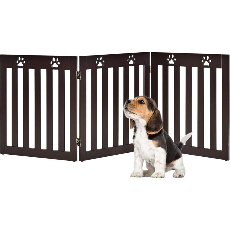 foto del prodotto costway cancello di legno per animali domestici, cancello pieghevole per cani con cerniere fessibili a 360 e 3 pannelli, cancello 60 cm da interno