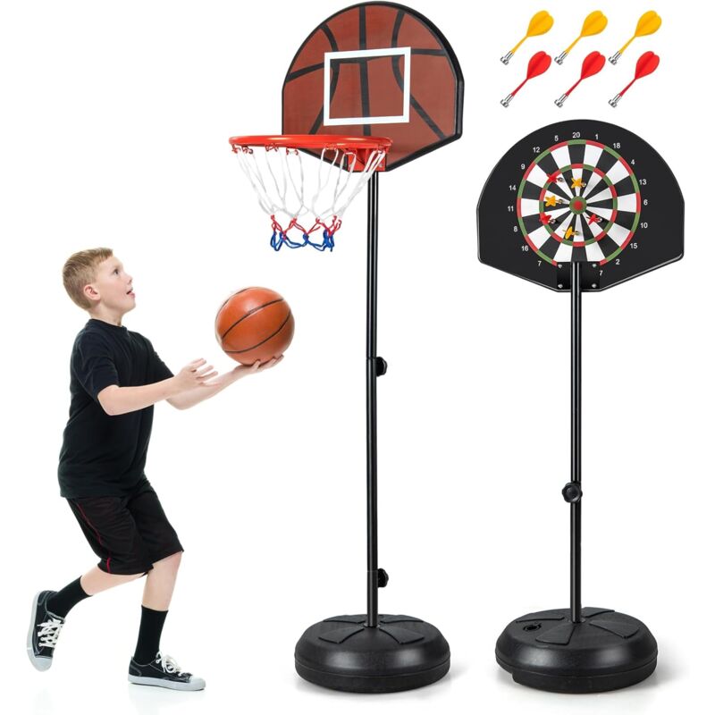 foto del prodotto costway canestro da basket per bambini da esterno ed interno, canestro da basket 2 in 1 con bersaglio, 6 freccette, base riempibile e supporto per