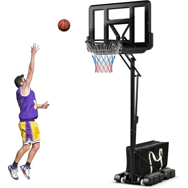 foto del prodotto costway canestro da basket regolable a 5 livelli da 245 cm a 305 cm con tabellone da 111cm, base riempibile e 2 ruote, canestro portatile per