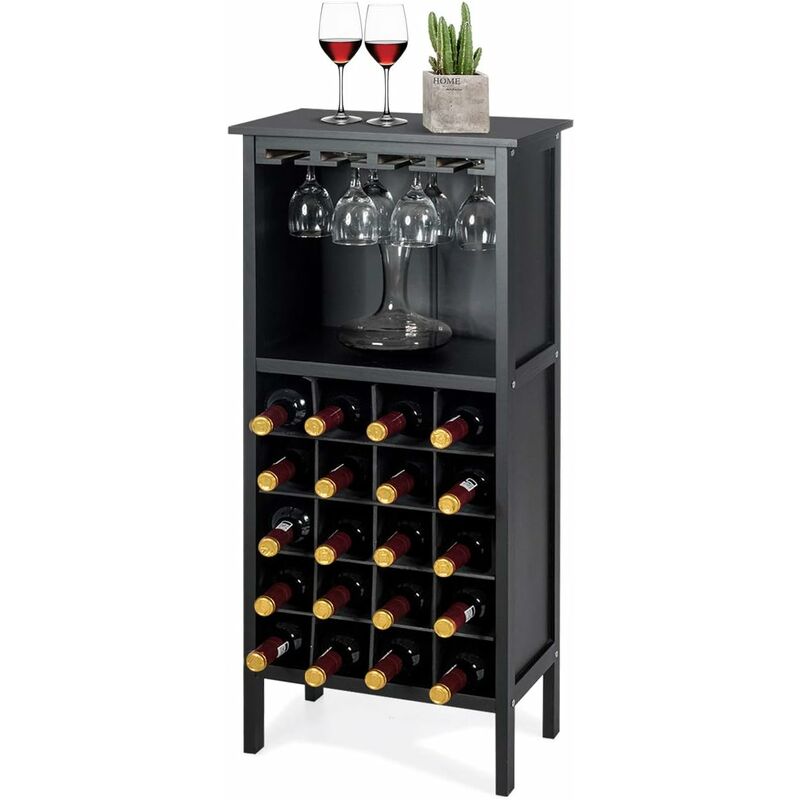 foto del prodotto costway cantinetta portabottiglie in legno, scaffale per vino con portabicchiere calici, portavino per 20 bottiglie e 4 calici, 42 x 24,5 x 96 cm