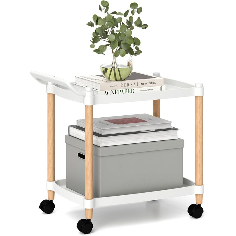 foto del prodotto costway carrello a 2 piani, carrello multiuso in plastica con ruote bloccabili e struttura in legno, carrello di stoccaggio multifunzionale per