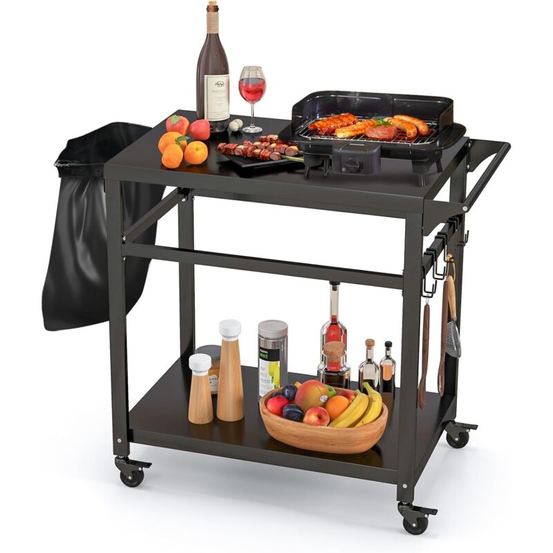 foto del prodotto costway carrello barbecue da esterno in metallo, carrello da cucina esterno con 2 ripiano, 4 ruote bloccabili, ganci, maniglia laterale, per