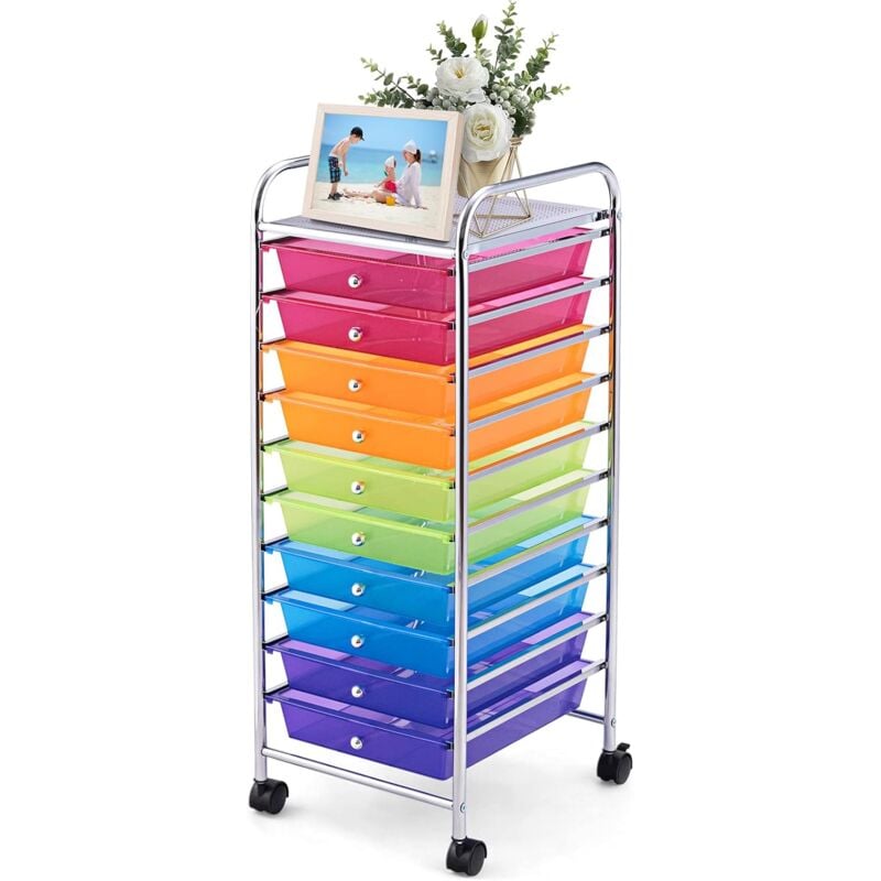 foto del prodotto costway carrello con 10 cassetti da stoccaggio, cassettiera di metallo e plastica, contenitore multiuso con ruote a freno, per casa e ufficio