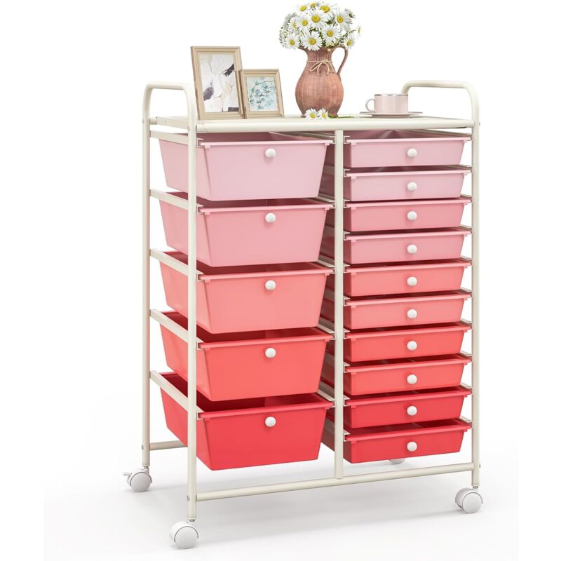 foto del prodotto costway carrello con 15 cassetti impilabili, carrello di stoccaggio con ruote, carello portaoggetti per casa e ufficio, 62,5 x 37 x 87 cm rosa 