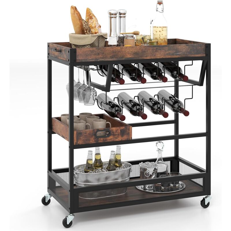 foto del prodotto costway carrello da bar con portabottiglie, carrello servizio industriale a 3 piani con porta calici e vassoio rimovibile, ruote bloccabili,