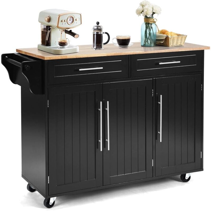 foto del prodotto costway carrello da cucina, carrello di servizio con ruote e maniglia, 3 ante e 2 cassetti, ideale per cucina ristorante bar, 122x46x92,3 cm nero 