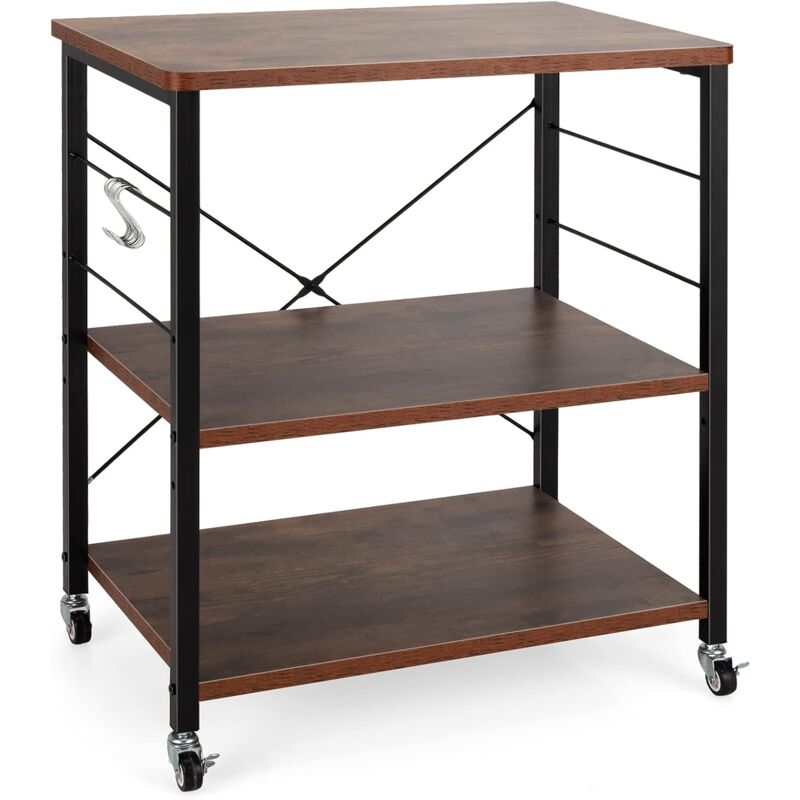 foto del prodotto costway carrello da cucina con 10 ganci rimovibili, scaffale per pasticceria con 3 livelli, scaffale con struttura di metallo con ruote bloccabili