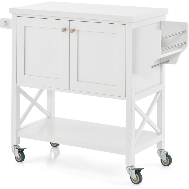 foto del prodotto costway carrello da cucina con armadietto portaoggetti, isola da cucina carrello rotante con porta asciugamani e porta spezie, piano in legno,