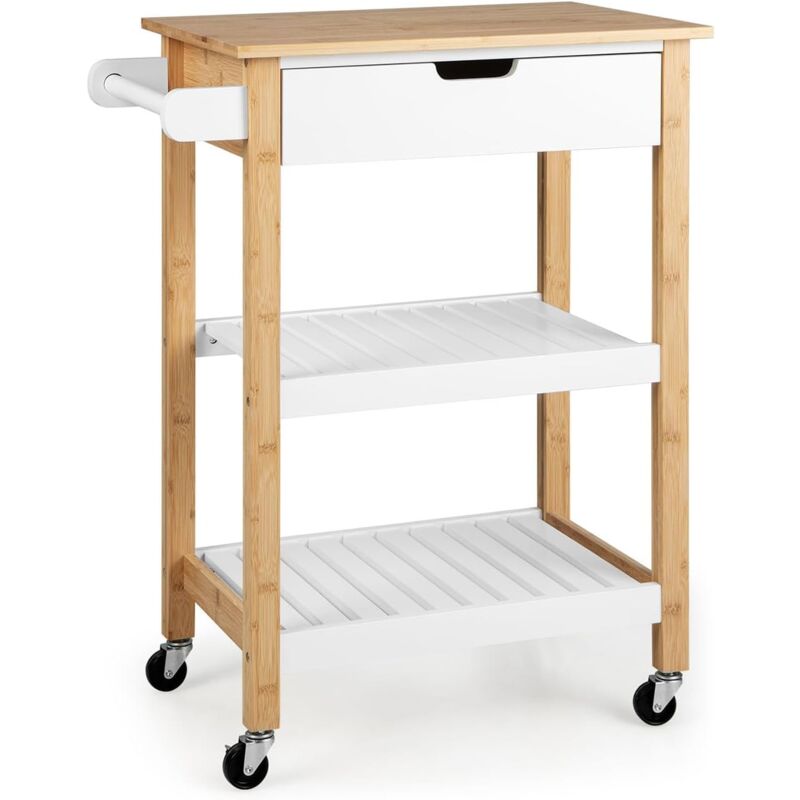 foto del prodotto costway carrello da cucina con ruote e cassetto, carrello portaoggetti in bamb con 2 ripiani aperti e impugnatura, carrello bar da cucina sala da