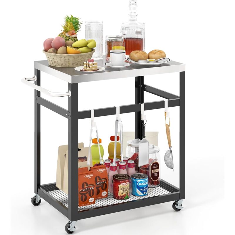 foto del prodotto costway carrello grill da esterno a 2 3 piani, supporto per forno per con piano e maniglia in acciaio inossidabile, carrello per barbecue con ganci