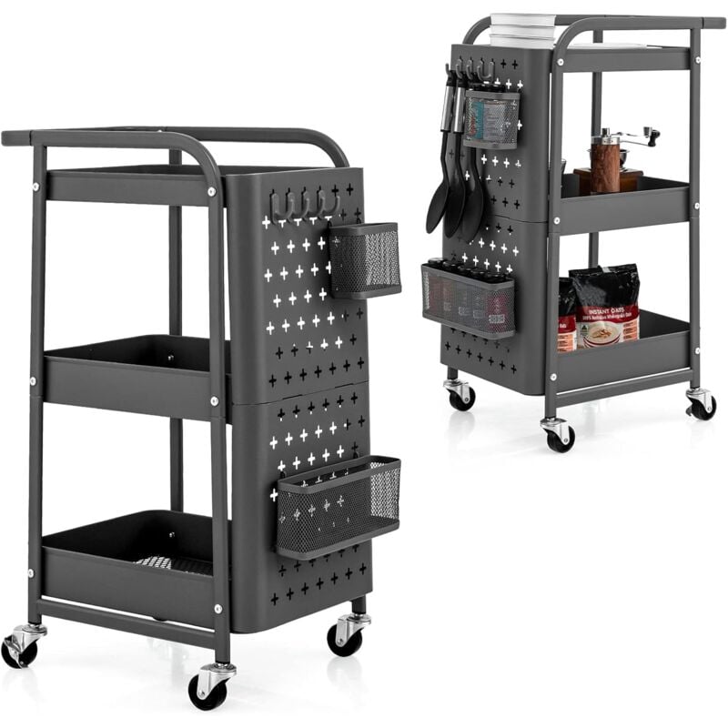 foto del prodotto costway carrello multiuso a 3 livelli, carrello organizzatore di stoccaggio, con 2 cestini e 4 ganci, ideale per ufficio cucina garage, 52x33x75cm