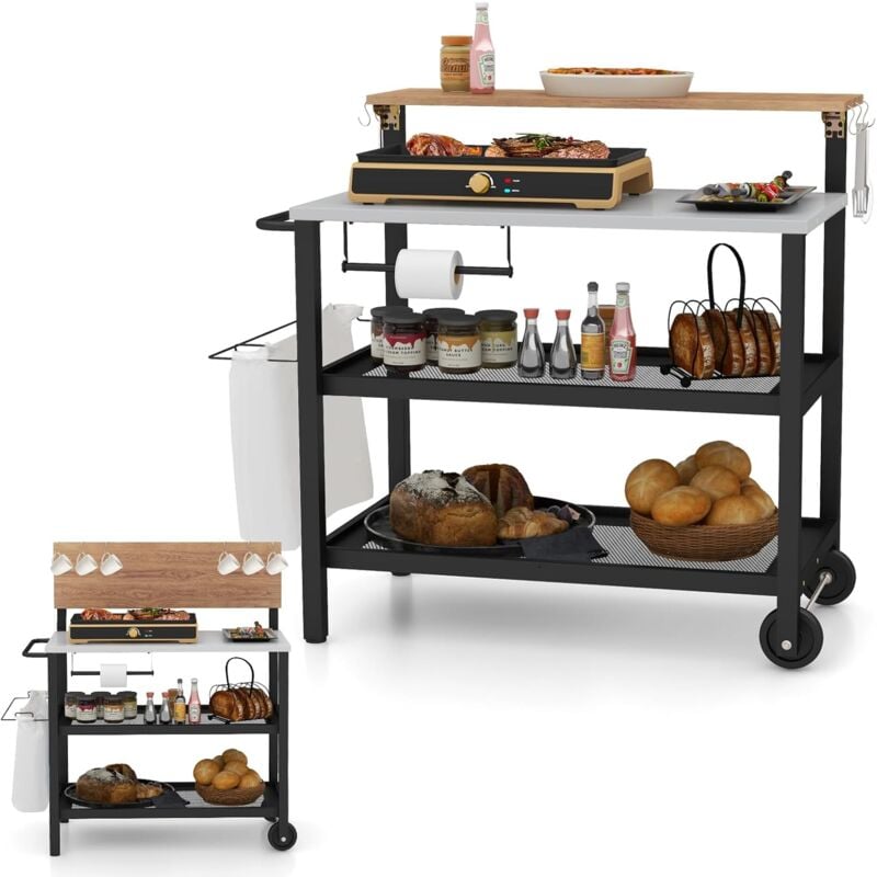 foto del prodotto costway carrello per barbecue con 3 ripiani e tavola ribaltabile, carrello da cucina con ruote e 6 ganci, carrello porta griglia multiuso in ferro
