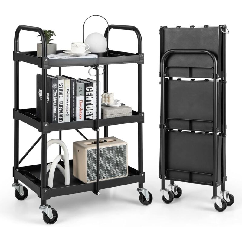 foto del prodotto costway carrello pighevole a 3 livelli, carrello multiuso con 4 ruote, organizzatore di stoccaggio per ufficio cucina studio, 61x44x96 cm, nero