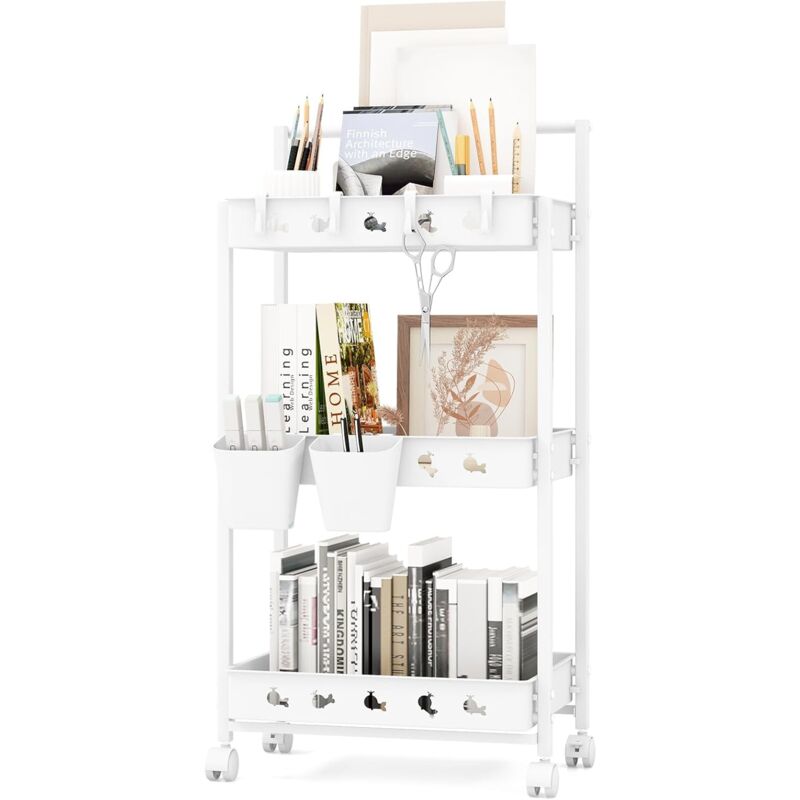 foto del prodotto costway carrello portaoggetti a 3 livelli con ruote, carrello di stoccaggio con 2 tazze appese e 4 ganci, organizzatore mobile con maniglia per