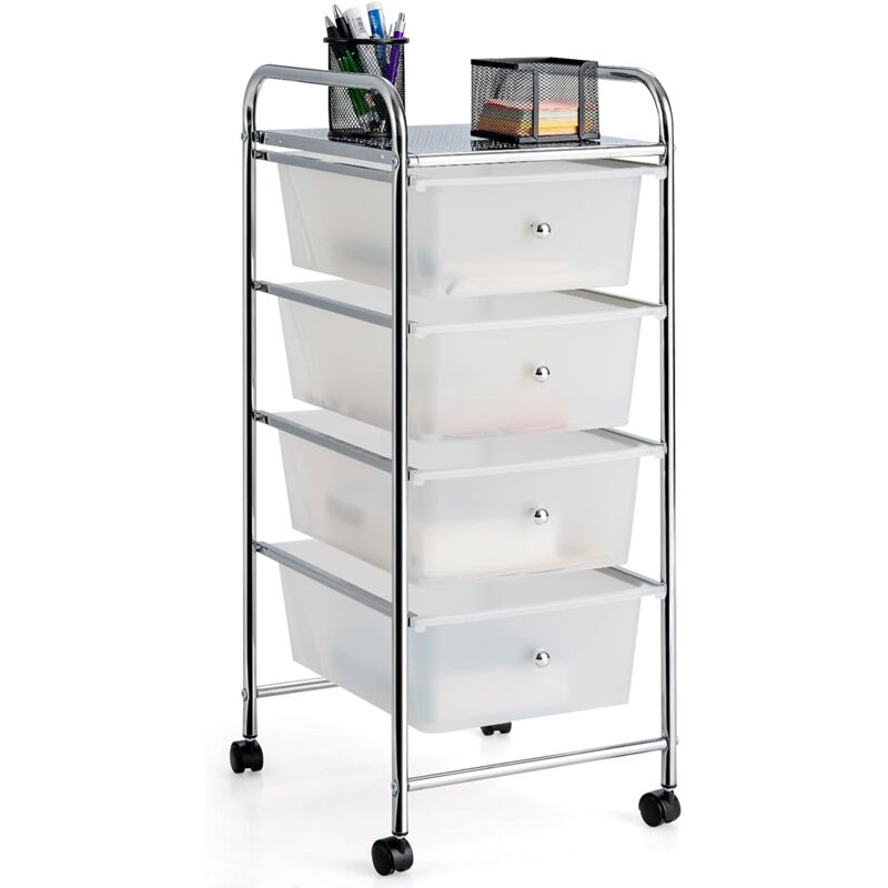 foto del prodotto costway carrello portaoggetti con 4 cassetti, cassettiera rimovibili in plastica, carrello di stoccaggio con ruote per casa bagno e ufficio,