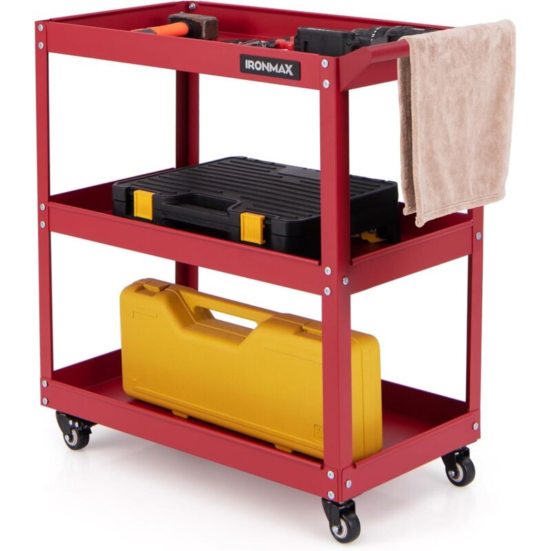 foto del prodotto costway carrello portautensili a 3 livelli, carrello metallico resistente con 3 ripiani, 4 ruote universali con 2 freni, per garage, casa,
