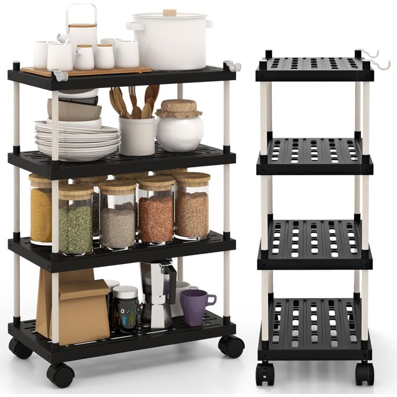 foto del prodotto costway carrello sottile a 4 piani, scaffale per cucina con ruote bloccabili, ganci laterali, scaffale di stoccaggio multiuso, carrello estraibile