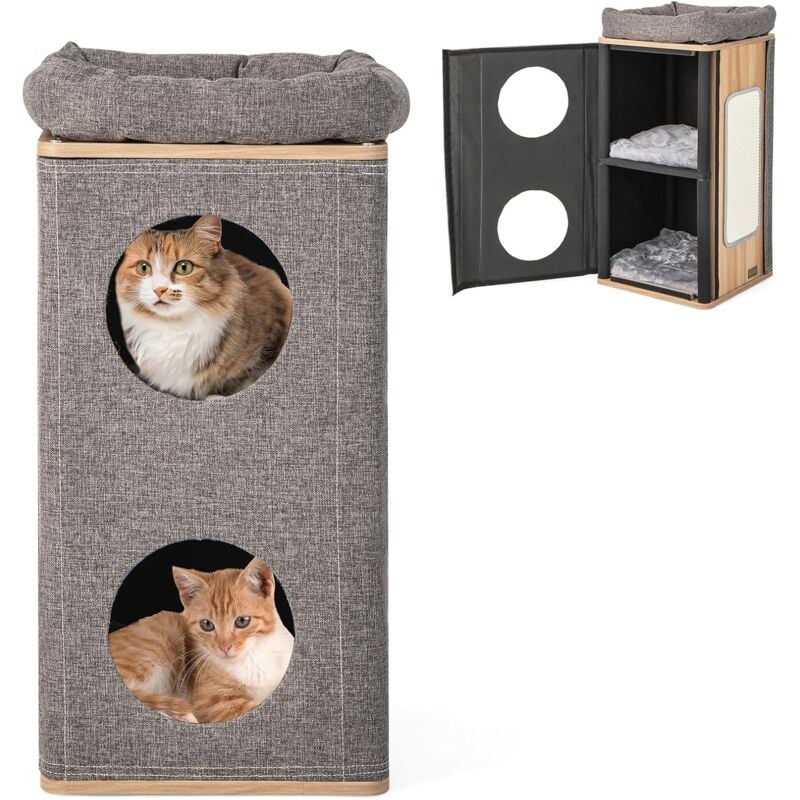foto del prodotto costway casetta per gatti a 3 piani, cuccia per gatti con tiragraffi, 2 scomparti coperti e 3 materassini, casa per gatti moderna con graffiatoio