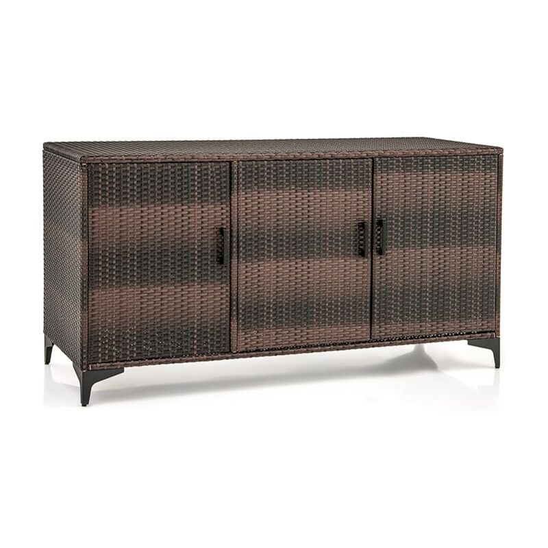 foto del prodotto costway cassapanca da giardino in rattan pe, 318 l, 3 porte con ripiani rimovibili, impermeabile, per cuscini, guanciali, attrezzi e accessori da